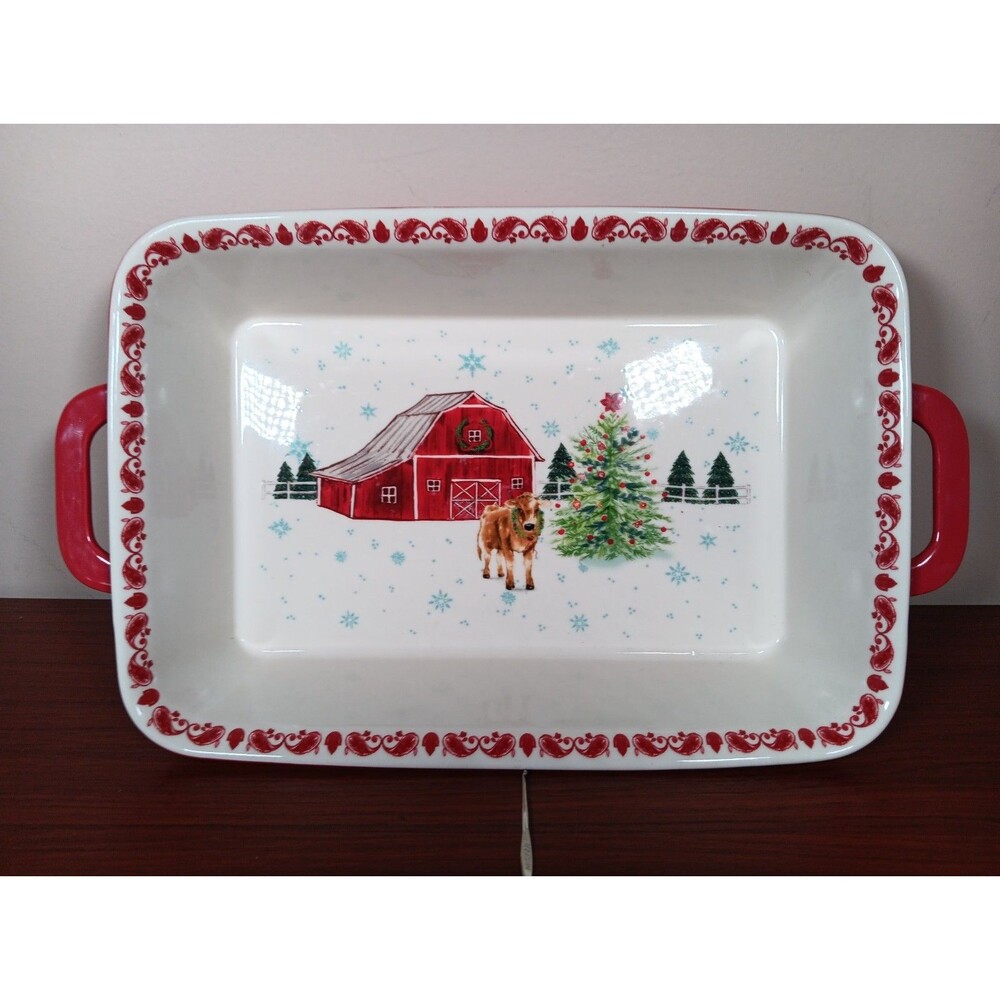 Pioneer Woman Holiday Barn 13x9 Baker Casserole Dish Red White Cow Christmas EUC
